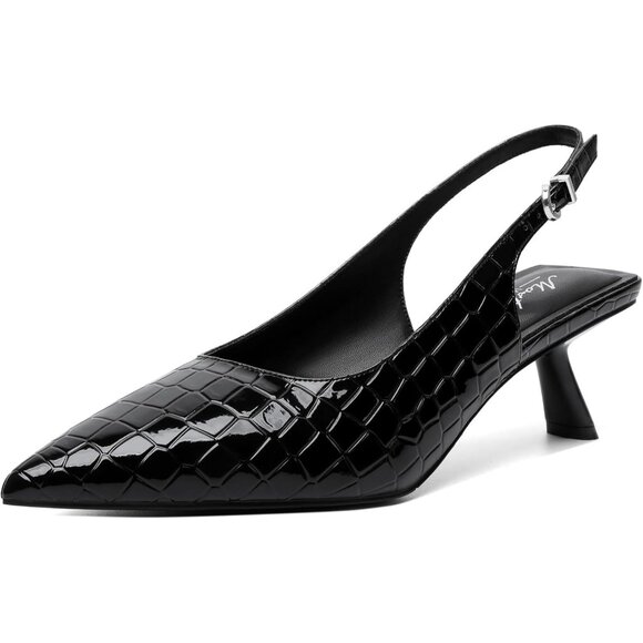 Black Croc Pointed Toe Leather Low Heel Slingback Heels with Buckle Dress Shoe - Picture 1 of 9